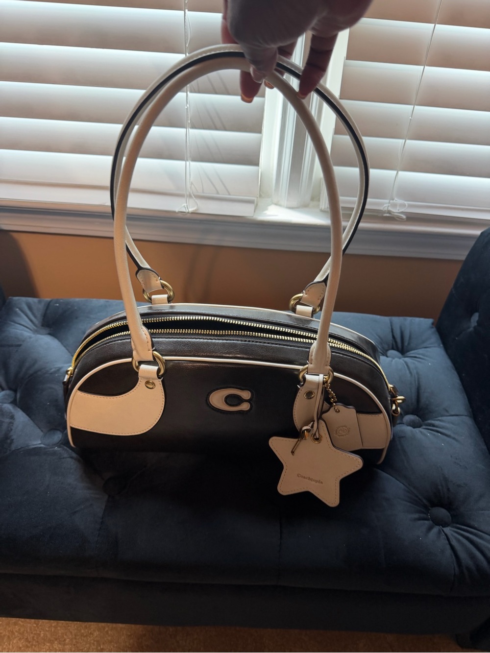 Coach Black and Cream Leather Double-Handle Bowling Shoulder Bag